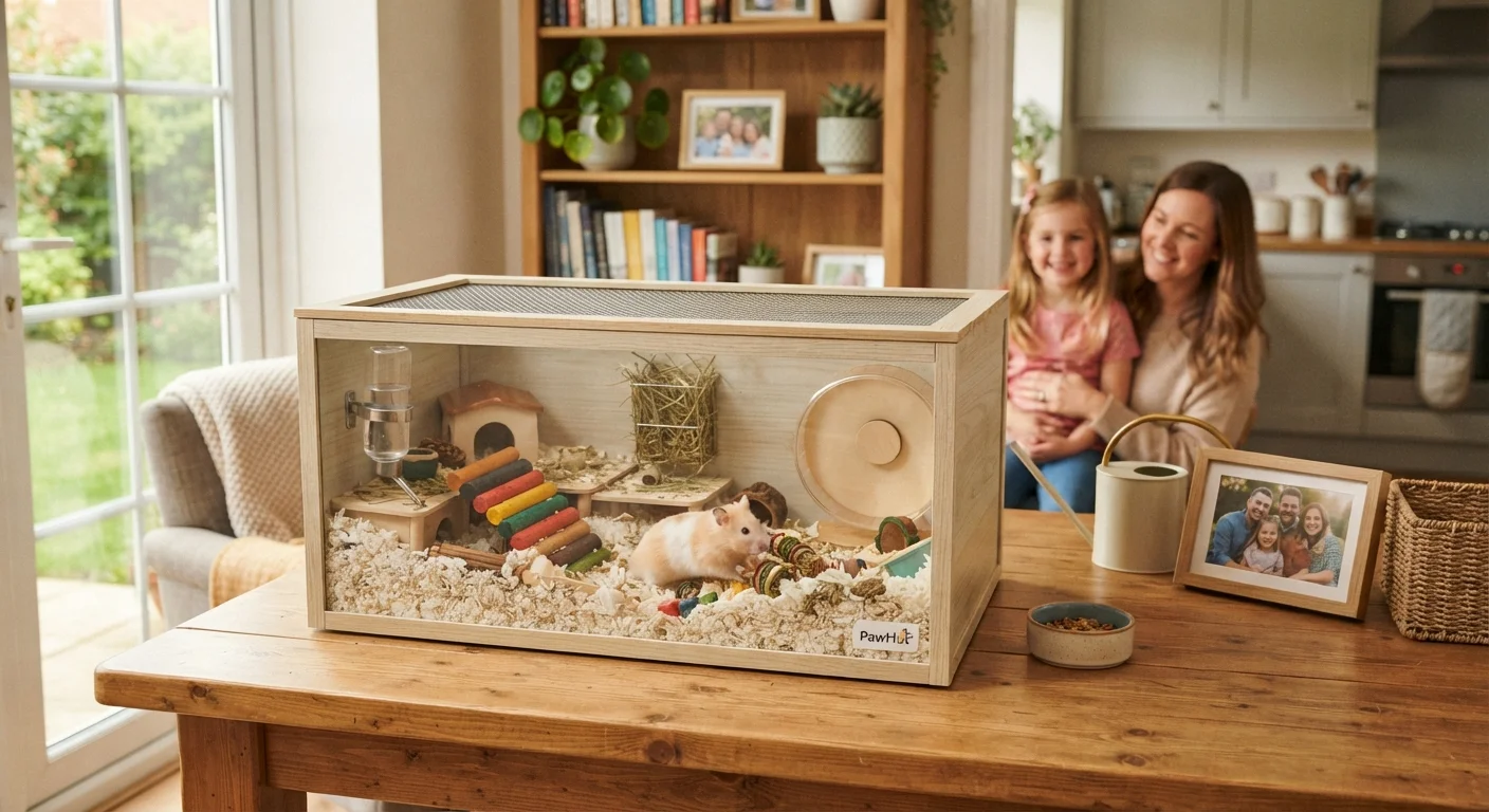 A small pet in a well-prepared habitat placed on a family home table with supplies nearby