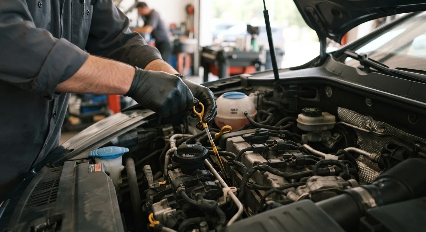 Mechanic checking multiple fluid reservoirs under an open car hood in a garage