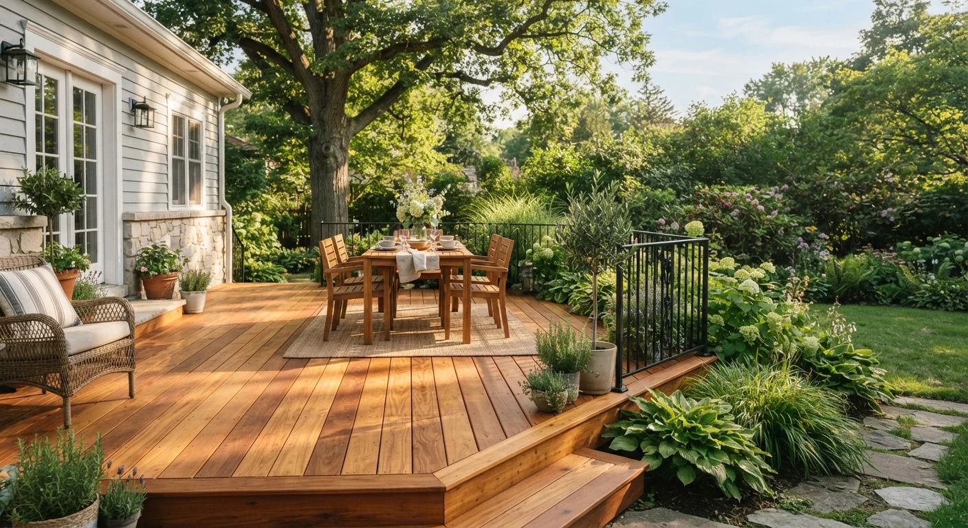 Freshly cleaned and stained wood deck with rich brown tones in a green backyard