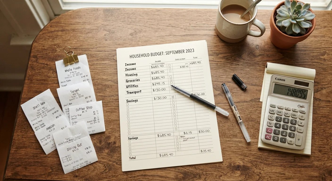A household budget worksheet laid flat on a kitchen table with a pen and calculator