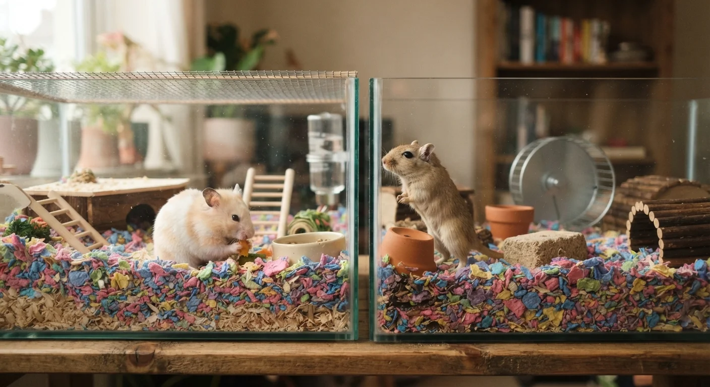 A hamster and a gerbil sitting in separate enclosures with colorful bedding and toys