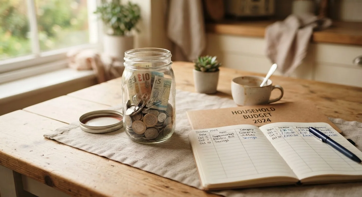 Glass jar with savings coins and bills next to a household budget notebook on a kitchen table