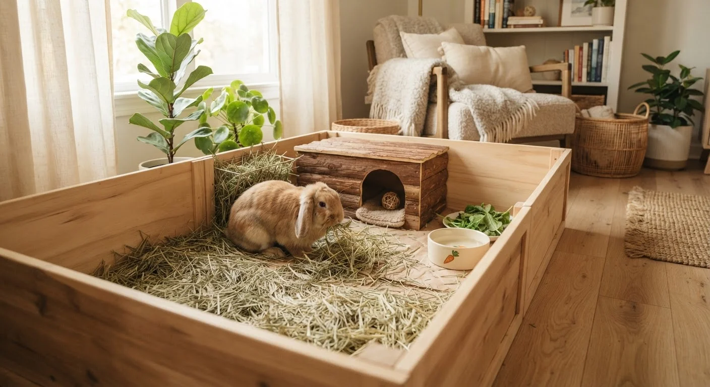 A well-organized indoor rabbit enclosure with hay, a hide box, and water bowl on wooden flooring
