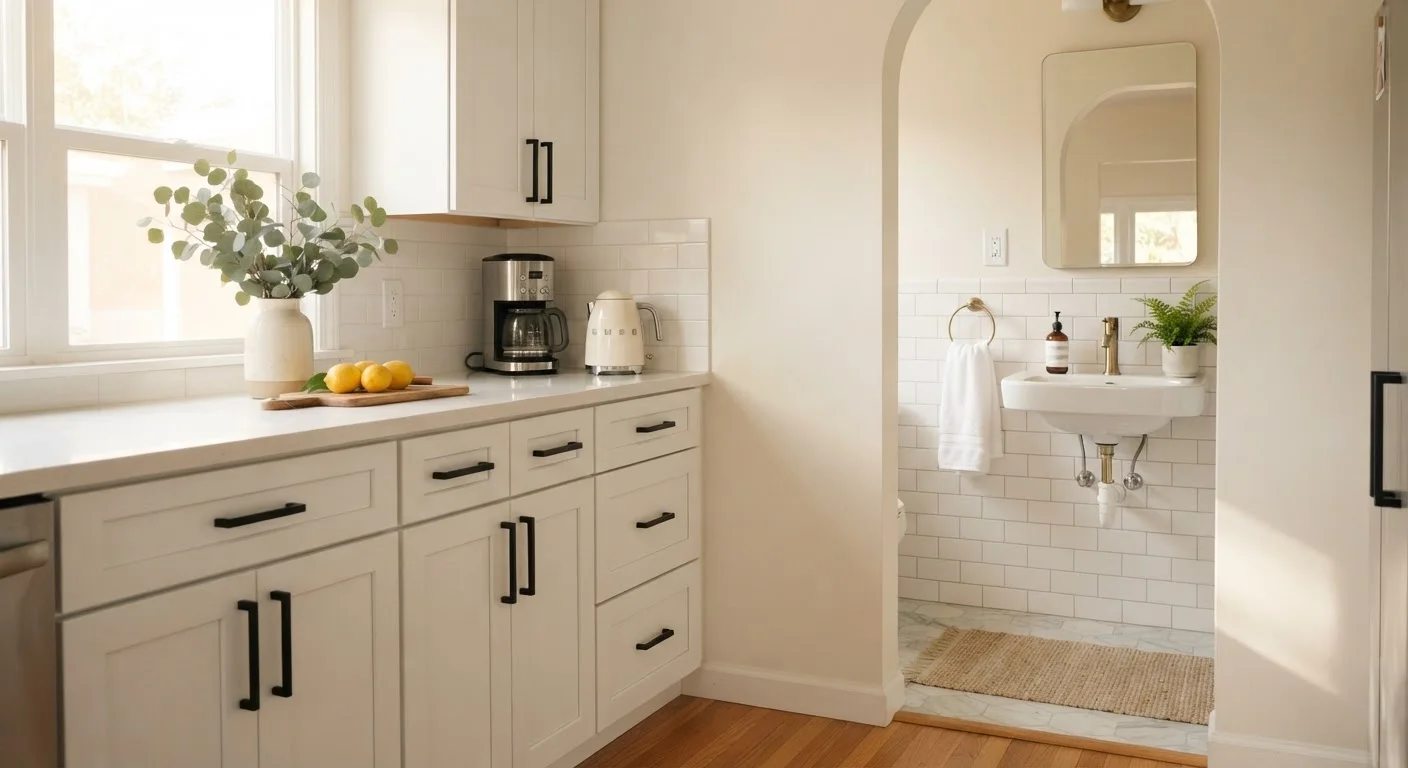 Freshly updated home details including new cabinet hardware, outlet covers, and resealed grout.