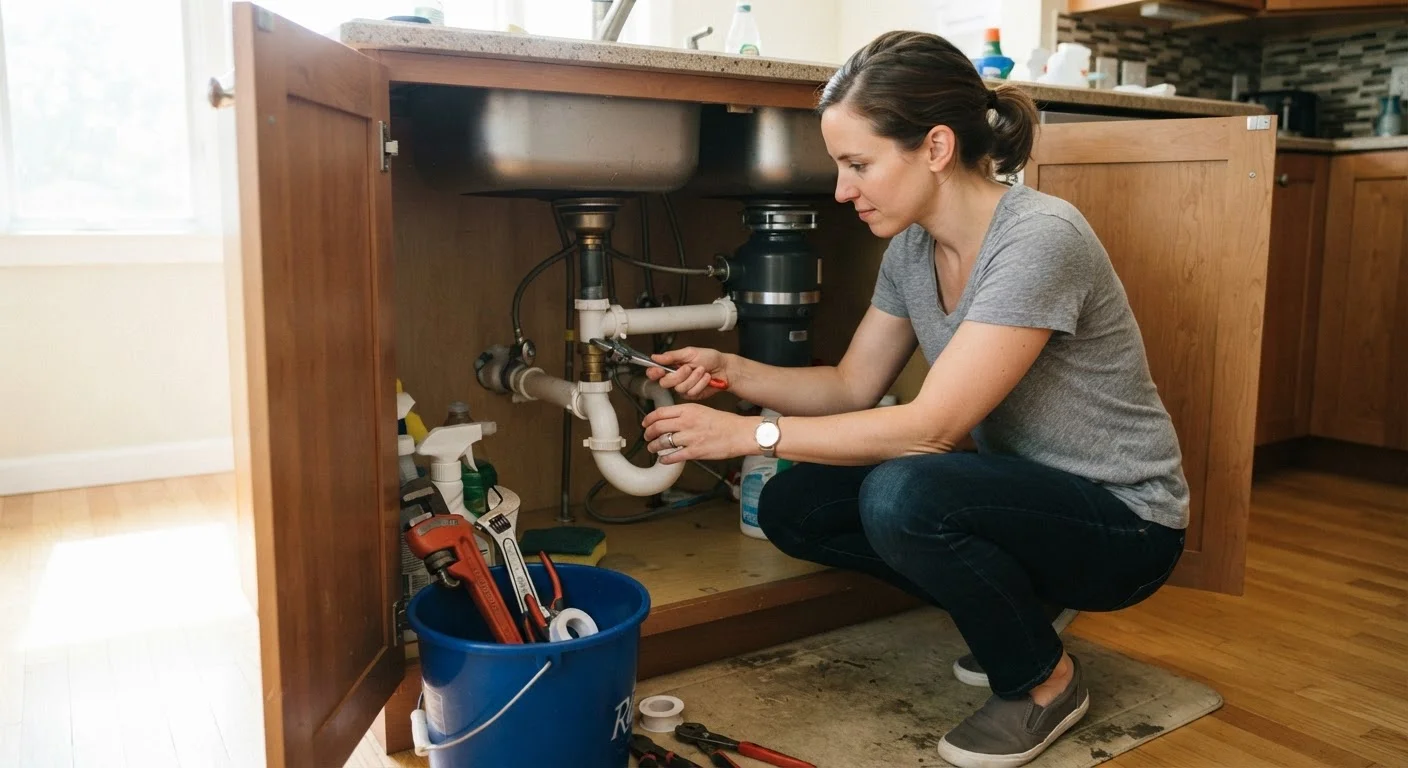 Homeowner working under a kitchen sink with plumbing tools and a bucket nearby