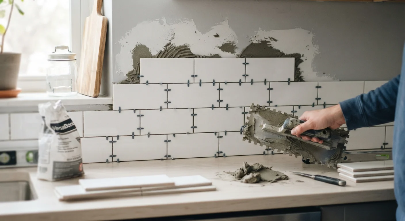 Partially installed white subway tile backsplash above a kitchen countertop with tile spacers and trowel