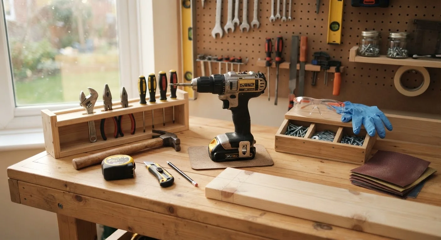 A neatly organized workbench with common hand tools, a drill, and small hardware supplies laid out for a weekend home project