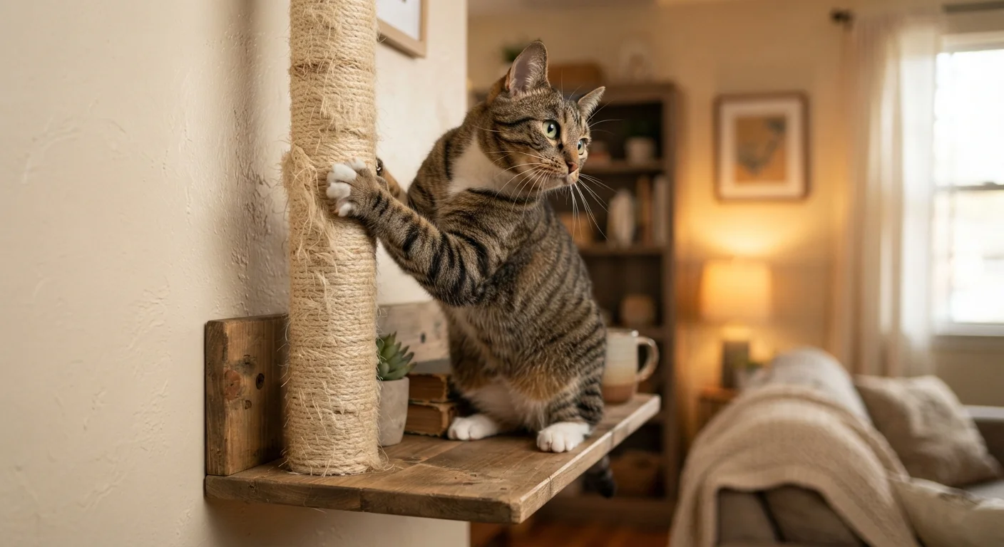 A tabby cat scratching a sisal post near a sunny window indoors