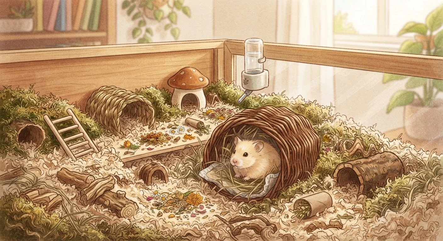 A well-set-up small pet enclosure with bedding, toys, and hiding spots