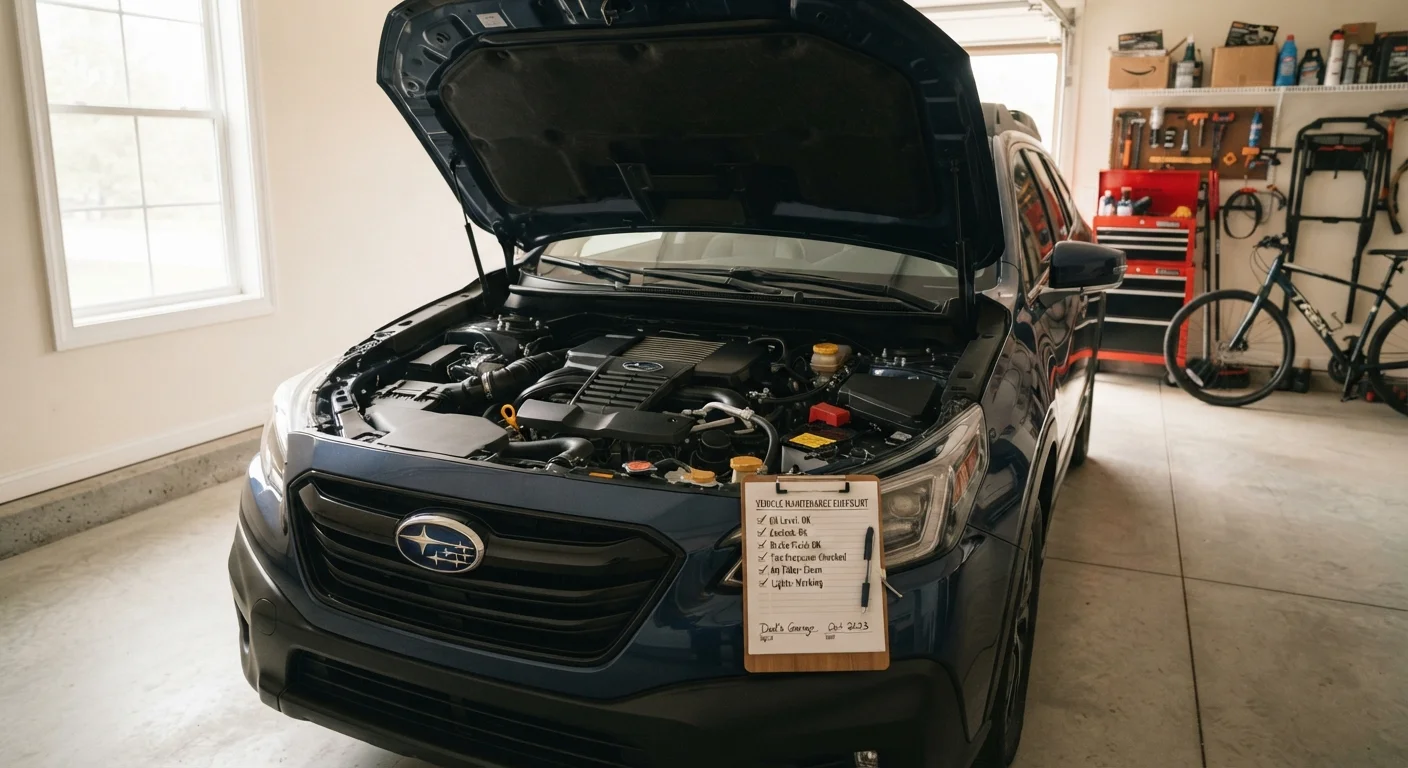 Family car in garage with open hood and a maintenance checklist clipboard resting on the bumper